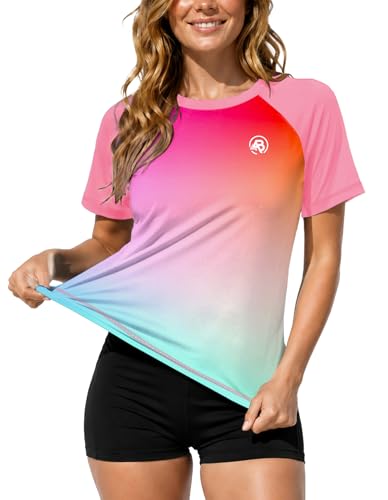 Image of AOBUTE Women Short Sleeve Rash Guard Gradient Sun Protection Swim Shirts