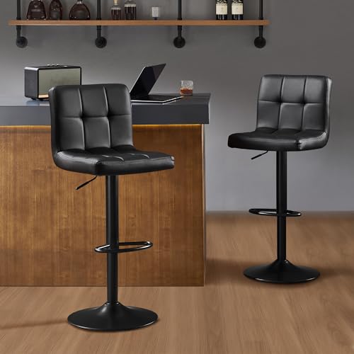 Nestvatto Bar Stools Set of 2, Thickened Seat Cushion Square Swivel Bar Stools with Back, Adjustable Counter Height Bar Chairs for Kitchen Island, Dining Room, Black with Black Base