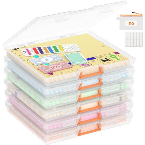 Lifewit 6 Pcs Board Game Storage Boxes 12.2x10.6 Paper Container with Secure Latch Plastic Portable Organizer with Handle & Labels for File Document Puzzles Cards Art Supplies