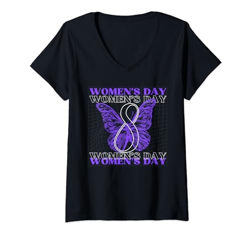 Womens International Women's Day 2024 vintage butterfly 8 March 24 V-Neck T-Shirt