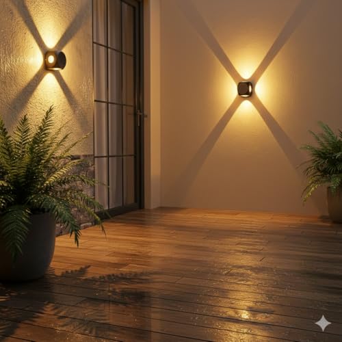Image of FERA Waterproof Aluminium Up Down Led Wall Lamp, 4 Way, 4 Ray, Multy Colour, Indoor /Outdoor Decorative Wall Sconce Light (4 Way Warm White)