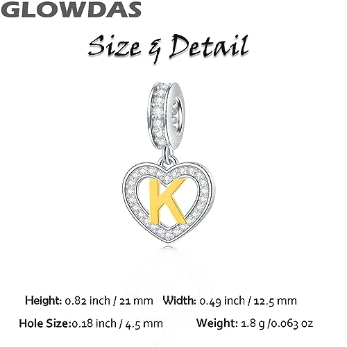 Image of GLOWDAS 18K Gold Plated Letter Charms Initial A to Z Necklace Pendant, 925 Sterling Silver CZ Heart Dangle Alphabet Beads fit European DIY Bracelet, Gifts for Valentiens /Christmas /Family