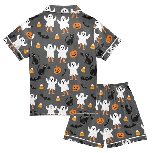 Satin Pajama Sets Short Sleeve Halloween Ghosts Pumpkins Cats Bats Button Down Silky Nightwear 2 Piece PJS 5-14Y2