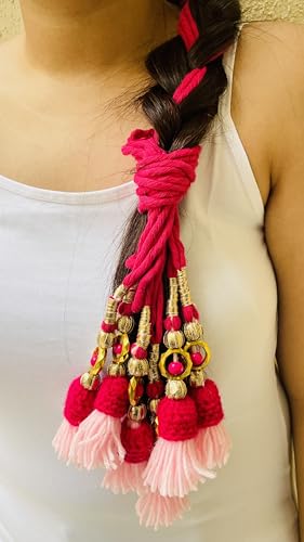 Image of Zippy Flora Rani Cotton Parandi (Pink) | Handmade Boho Parandi | Traditional Hair Accessory with Braid Tassles & Shells | Hair Extension | Choti for Curly & Straight Hair | 22 Inches Length