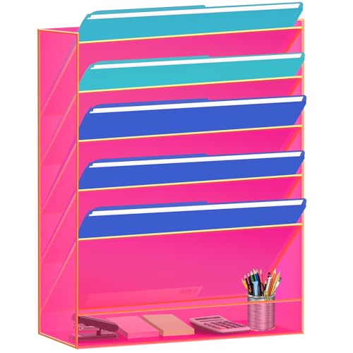 Gelite Hanging File Organizer Acrylic Wall File Holder for Office Vertical Paper Organizer Wall Mounted Magazine Rack, 5 Pockets, Neon Pink by Gelite - Used condition - US$43.77