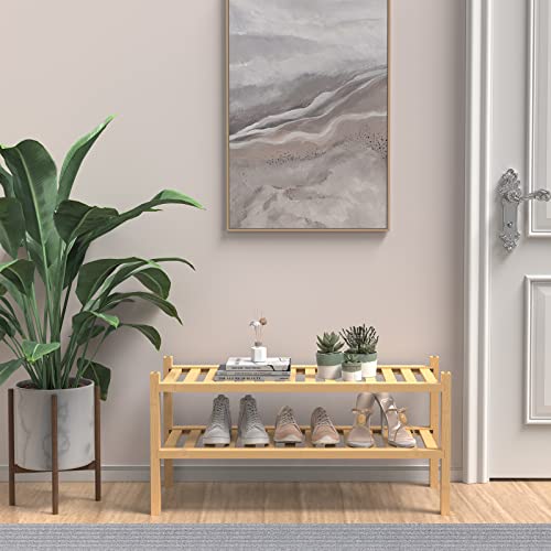 (Thick Bamboo Shoe Rack for Entryway, 2-Tier Free Standing Shoe Racks Stackable Shoe Rack Organizer for Hallway Closet Living Room 27 x12 x14 Inches