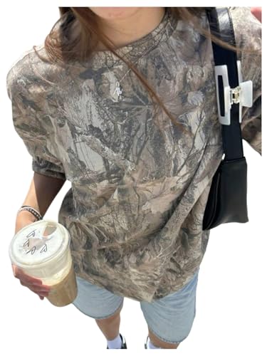 Women's Camo Shirt Maple Leaf Print Short Sleeve Camouflage T Shirt Summer Camo Tee Top Streetwear