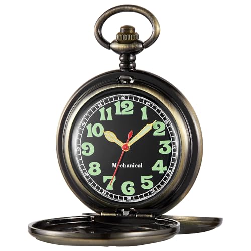 Image of Men's Mechanical Pocket Watch Black Rudder Pattern Double Open Hollow Roman Numerals Pocket Watch