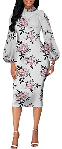 Image of Sexy Long Sleeve Dress for Women Solid Color Bow Knot Turtleneck Formal Gown Midi Casual Church Dresses