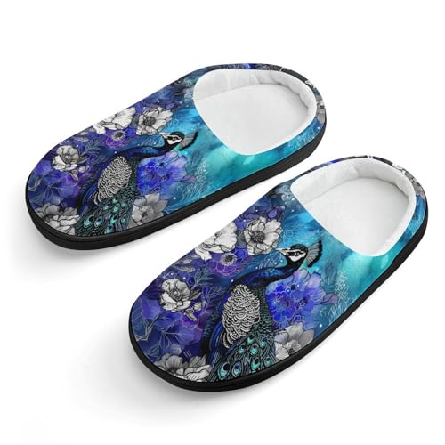 Peacock and Flowers Cute Cotton Slippers Anti-Slip House Shoes Printed Slipper for Indoor Outdoor