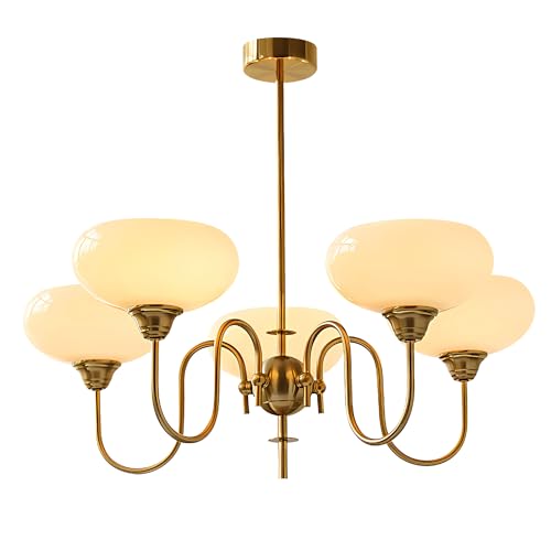 Flyrose Vintage Glass Dining Chandelier 5 Light Antique Brass Chandelier Light Fixtures Mid Century Modern Sputnik Ceiling Light Fixture Large Gold Globe Pendant Light for Living Room