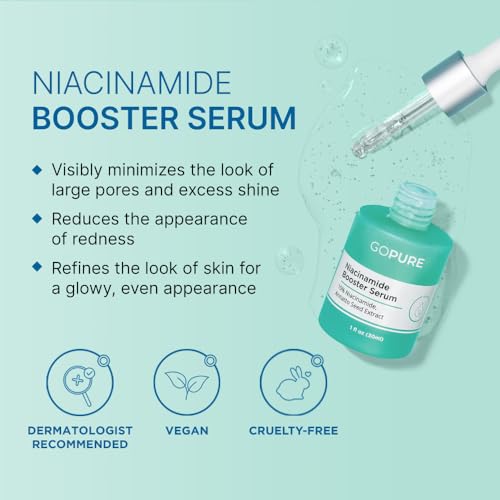 goPure 10% Niacinamide Serum Booster - Redness Reducing Skin Care, Reduces the Look of Skin Discoloration and Large Pores in Soothing Formula with Natural Extracts to Even Skin Tone - 1 fl oz