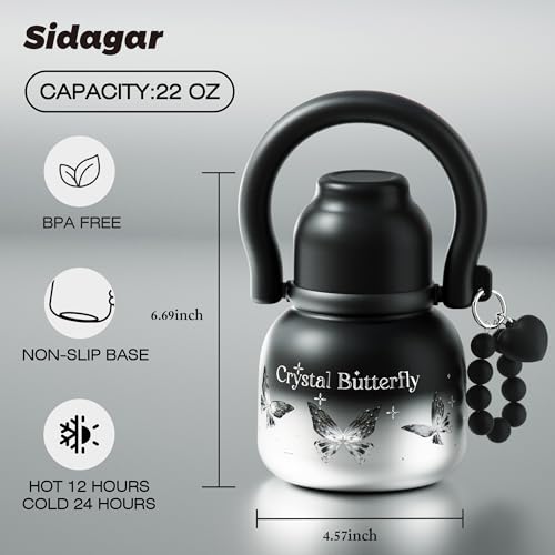 Sidagar 22 oz Water Bottle with Straw and Bowl, Unique Wide Mouth Insulated Stainless Steel Tumbler, Beach Vacation Essentials, Aesthetic Fashion Gift for Her, Mom, Heart Charm, Black & Pink — view 2