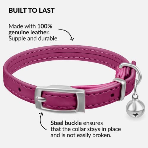 Image of CollarDirect Leather Cat Collar With Elastic Safety Strap And Bell For Boy, Girl, Kitten (Neck Fit 6 inch-7 inch, Pink),?17.78 cm,W 15.24 cm