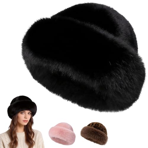 Image of Faux Fur Bucket Hat for Women, Russian Style Winter Fluffy Fuzzy Ladies Hats Travel Hiking Work Home, Chapeau Fourrure Femme Winter Fashion Gift (Black)