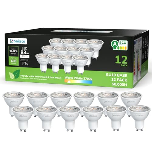 sailsco Clase A GU10 LED Spot Bombilla Blanco Cálido 3.3W 2700K 600LM,GU10 Bombilla de Ahorro de Energía 83W Lámpara Incandescente de Repuesto,ángulo de haz 36°,No Regulable LED Bombillas,12 piezas