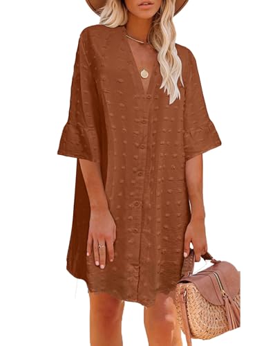 ELESOL Saída de praia feminina com botões e camisa casual para o verão, Botão _ Laranja, M