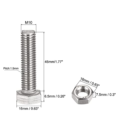 Image of uxcell M10 x 45mm Hex Head Screws Bolts, Nuts, Flat & Lock Washers Kits, 304 Stainless Steel Fully Thread Hexagon Bolts 4 Sets