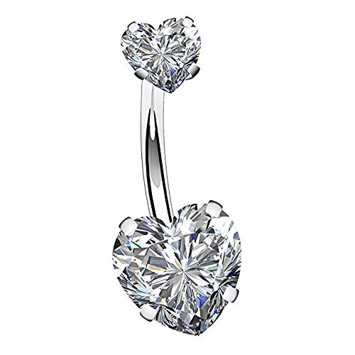 Love Belly Button Rings Double Heart Zircon 14G 316L Surgical Steel Navel ring Clear CZ Belly Ring Piercing for Women Girls(White)
