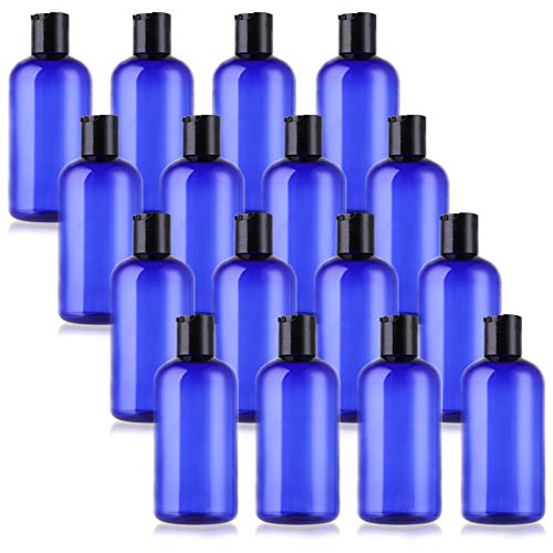 Bekith 16 Pack 8oz Plastic Squeeze Bottles with Disc Cap, Clear Travel Containers For Shampoo, Lotions, Liquid Body Soap, Creams, Blue