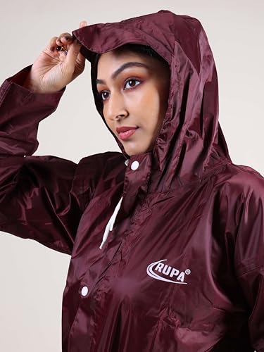 Image of Rupa Rainsuit Women Waterproof PVC Raincoat with Hood & Carry Bag | Lightweight Rainwear for Women with Front Zip | Solid Color | Standard Length | Pack of 1