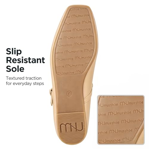 Image of MUSSHOE Square Toe Mary Jane Flats for Women: Comfortable Non-Slip Dressy Business Casual Shoes with Adjustable Strap for Office Work