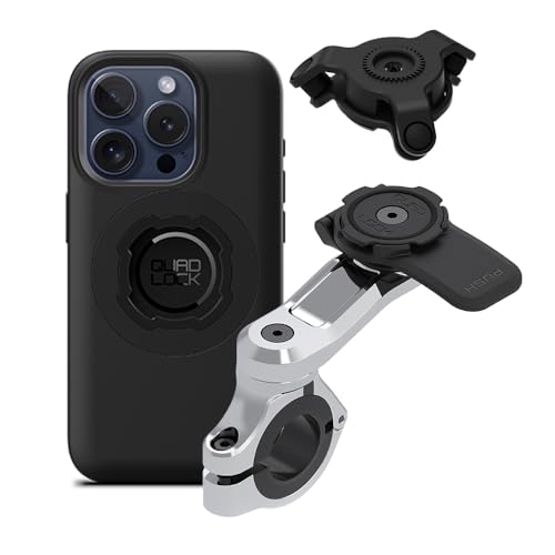 Image of Quad Lock Motorcycle Handlebar Phone Mount PRO Chrome with Vibration Dampener and MAG Phone Case for iPhone 15 Pro