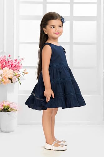 Image of Soft Cotton Lace Work Knee Length Fit & Flare Dress for Kids & Girls, Flower Embellished Frock for Casual & Special Occasion