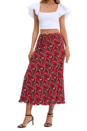 Djt Women's Pull On Elastic Waist Pleated A-Line Chiffon Skirts Ruffle Hem Midi Skirt Red Paisley L #TOP27