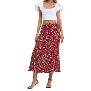 DJT Women’s Pull On Elastic Waist Pleated A-line Chiffon Skirts Ruffle Hem Midi Skirt