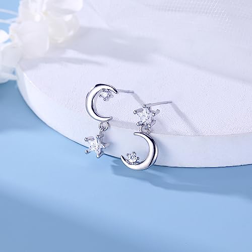 Sluynz 925 Sterling Silver Cz Crystal Star Moon Studs Earrings For Women Teen Girls Sparkling Asymmetric Studs Earrings (Star Moon Earrings) #TOP3