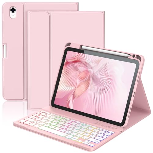 KBCASE Coque Clavier pour iPad A16 11/10 Ème Generation (11 Pouces 2025/10.9 Pouces 2022) Étui Keyboard Bluetooth pour iPad 10eme/11eme avec 7 Couleurs Rétroéclairées,Porte Crayon,AZERTY Français,Rosa