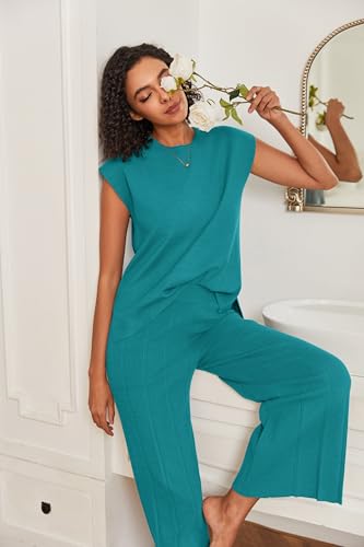 Image of Ekouaer Lounge Sets for Women Two Piece Outfits Knit Cap Sleeve Tops Wide Leg Pleated Pants Casual Dressy Sweater Sets