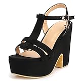 Gicoiz Femme Classique Spartiates Plateforme Sandals Strappy Confort Chunky Talons Hauts Suède Romain Bout Ouvert Sandale de Été T Bar Noir Taille 36 EU