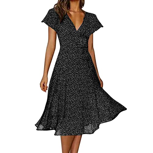 AMDOLE Vestidos de verano para mujer, de manga corta, cuello en V, sexy, estampado floral, lunares, vestidos de verano para mujer, Negro, XXL