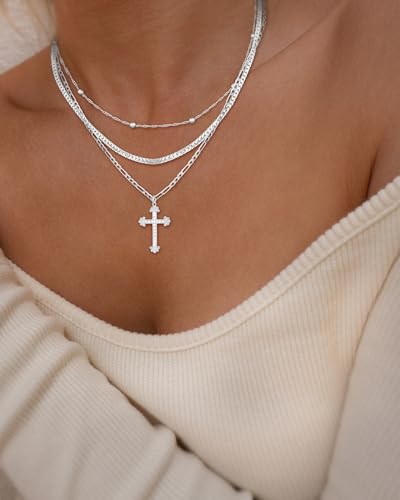 Cross Necklace for Women,14K GoldSterling Silver Plated Cross Pendant Necklace for Women Non Tarnish Waterproof Trendy Layered Necklace Dainty Charm Choker Necklace Easter Christian Baptism Religious Faith Jewelry Gifts3