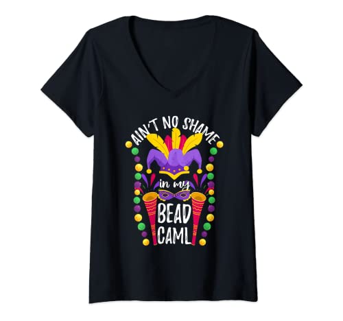 Womens Mardi Gras Ain't No Shame In My Bead Caml Carnival Parade V-Neck T-Shirt
