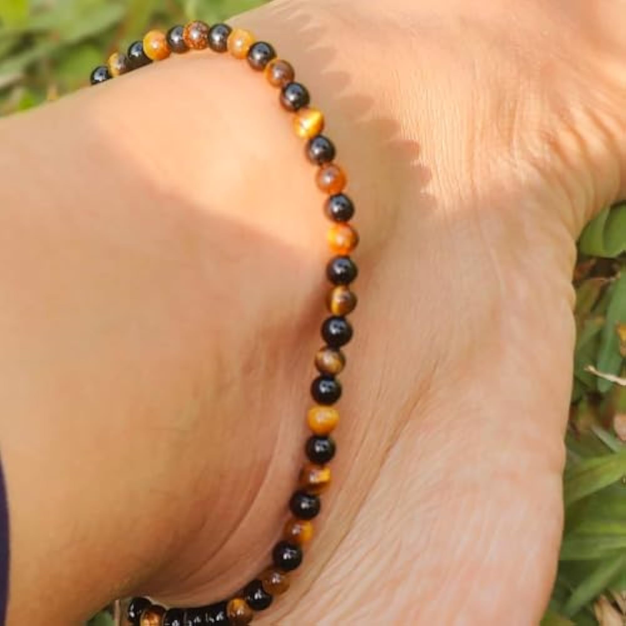 Handcrafted Tiger Eye & Black Tourmaline Beaded Anklet, Stretchable