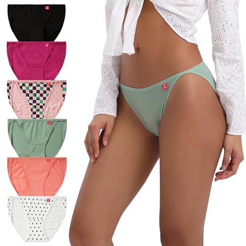 INNERSY Women's High Cut String Bikini Panties Stretchy Sexy Cotton Underwear 6-Pack(Light Retro,Large)