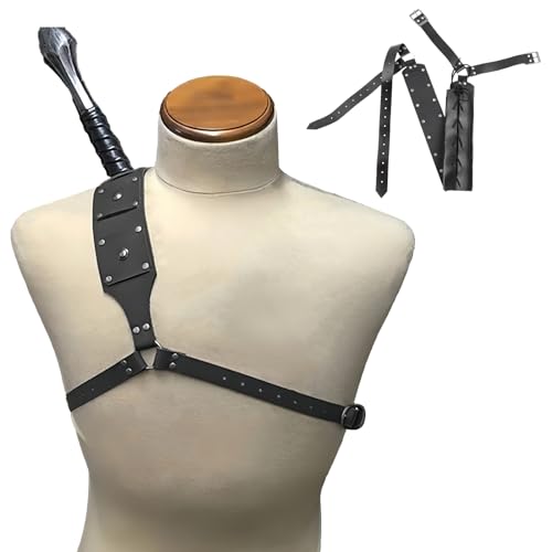 Anseom Mittelalterliche Retro Schwert Schulter Rücken Scheide Froschhalter, Schwarz Größenverstellbar Krieger Kostüm Schutzhülle Schwert Leder Schnalle Holster für Erwachsene Männer Schwerthalter