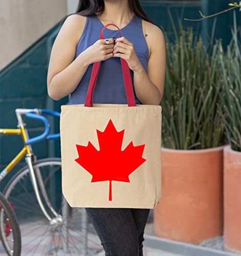 Shop4Ever Canada Leaf Cotton Canvas Tote Canadian Flag Reusable Shopping Bag 10 Oz Natural - Red 1 Pack Colored Handle #TOP4