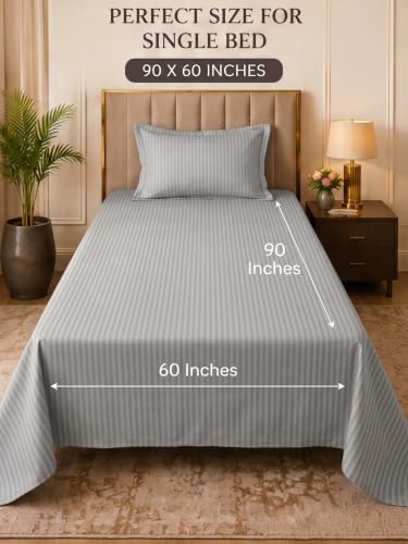 Image of Mafatlal 210 TC Italian Stripe Single Bedsheet Set with Pillow Cover (60 x 90 Inches) | 100% Cotton | Hotel Collection | Soft Breathable Flat Bed Sheet | Grey N Navy