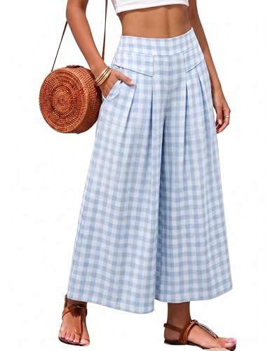 Athlisan Womens Summer Gingham Plaid Culottes Pants Elastic Waist Wide Leg Capri Pants Palazzo Trousers with Pockets(Blue-M)
