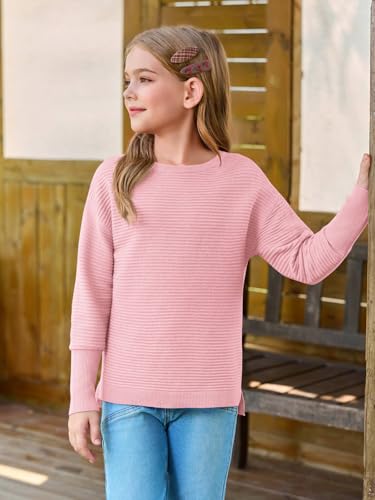 Image of Haloumoning Girls Fall Sweater Kids Ribbed Knit Split Pullover Tops 5-14Y