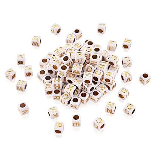 Cheriswelry 1000pcs 6x6mm Gold Acrylic Cube Letter Alphabet Beads White Square ABC Pony Beads for DIY Message Name Word Bracelet Necklace Jewelry Making Supplies