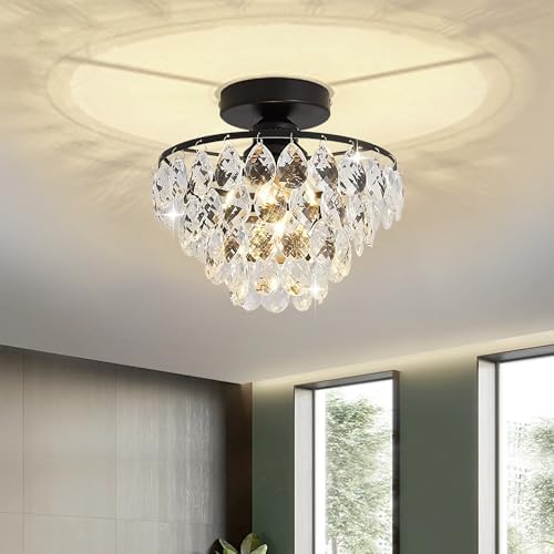 Close to Ceiling Light Fixtures Mini Crystal Flush Mount Ceiling Light Chandelier Modern Indoor with E26 Base Hallway Bedroom Bathroom Entryway Kitchen (Black)