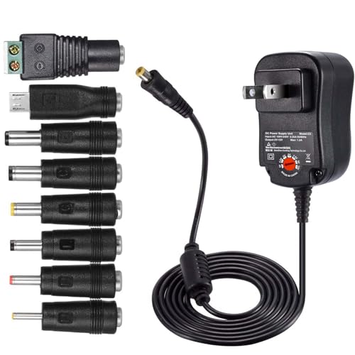 12W マルチ電圧 ACアダプター 3V 4.5V 5V 6V 7.5V 9V 12V ユニバサル 家庭用1000mA電源 LEDストリップ ルーター スイッチャー スピーカー メデラパンプ用 8個5.5*2.1mm可交換式DCプラグ コネクタの極性:イン