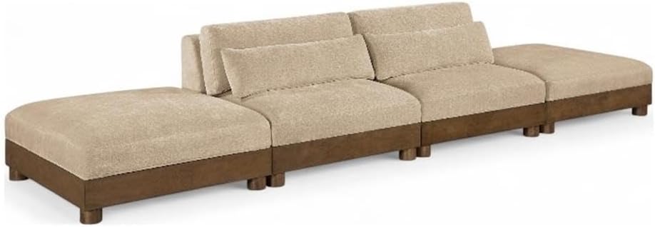 BOWERY HILL Contemporary Modular Sofa, 160" Beige Chenille Fabric, 4-Piece Set, Solid Wood Frame, Art Deco Design, Rich Walnut Finish, Customizable Configurations, Comfortable Seating, Living Room