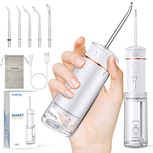 ENPULY Irrigador bucal de viaje pequeño portátil y recargable con depósito de 200 ml, 3 modos, 5 puntas intercambiables IPX7 impermeable para viajes y hogar