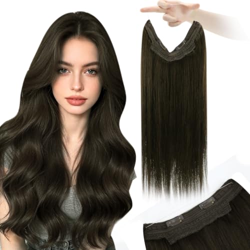 Image of YoungSee Wire Human Hair Extensions Ash Brown, Wire Hair Extensions Real Human Hair, Can Be Styled Straight Remy Hair, Human Hair Fish Line Extensions, 18 Inch 85G Medium Length Dark Ash Brown